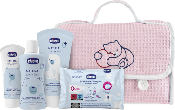 Набір косметики Chicco Pink Засіб для миття тіла та волосся 200 мл + Лосьйон для тіла 150 мл + Крем під підгузок 100 мл + Вологі серветки 16 шт (8058664163960) - зображення 1