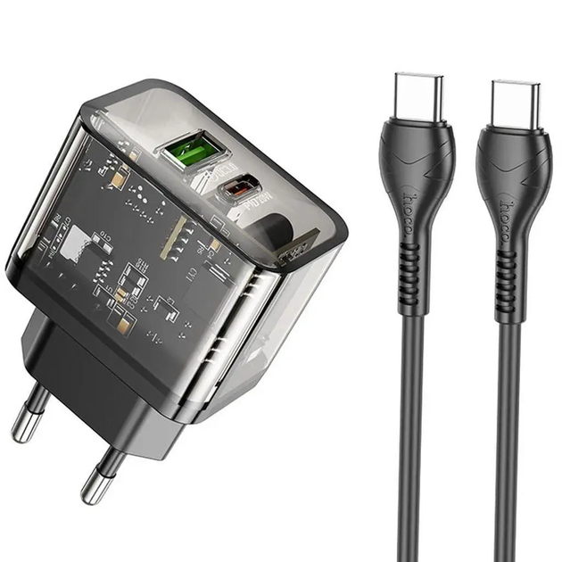 Мережевий зарядний пристрій HOCO N34 Dazzling dual-port PD20W+QC3.0 charger set(Type-C to Type-C) Transparent Black (6931474799180) - Фото 1 Мережевий зарядний пристрій HOCO N34 Dazzling dual-port PD20W+QC3.0 charger set(Type-C to Type-C) Transparent Black (6931474799180) - изображение 1