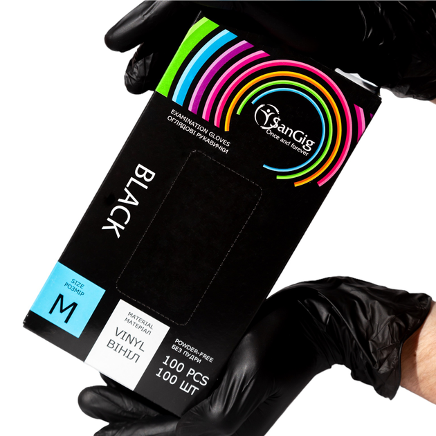 Черные виниловые перчатки SanGig, плотность 5 г. - 100 шт M (7-8) - изображение 1