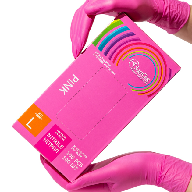 Нитриловые перчатки SanGig, плотность 3.5 г. - розовые (100 шт) L (8-9) - изображение 1
