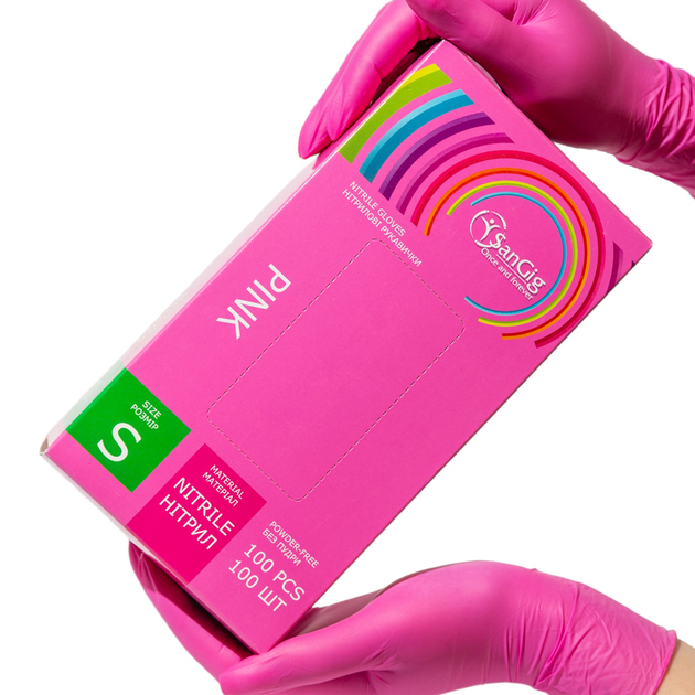 Нитриловые перчатки SanGig, плотность 3.5 г. - розовые (100 шт) S (6-7) - изображение 1