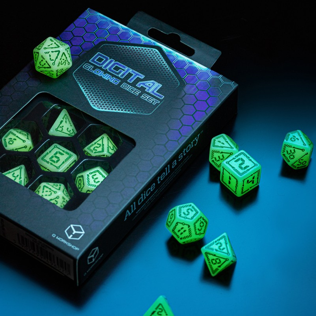 Komplet kości Q-Workshop RPG Cyfrowe Fosforyzujące Biało-zielone 7 szt (5907699496020) - obraz 3