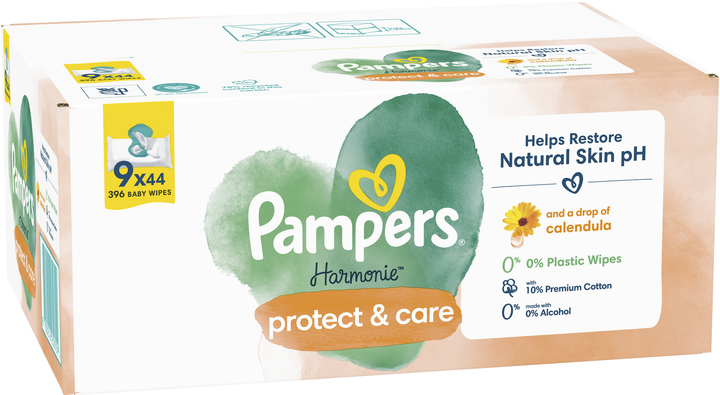 Zestaw Chusteczki nawilżane dla niemowląt Pampers Harmonie Protect&Care Calendula 9x44 szt (8700216250559 - obraz 3