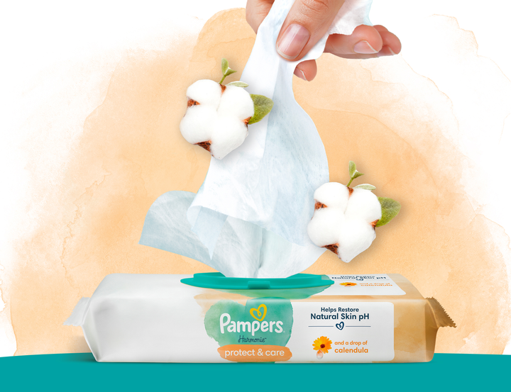 Zestaw Chusteczki nawilżane dla niemowląt Pampers Harmonie Protect&Care Calendula 9x44 szt (8700216250559 - obraz 5