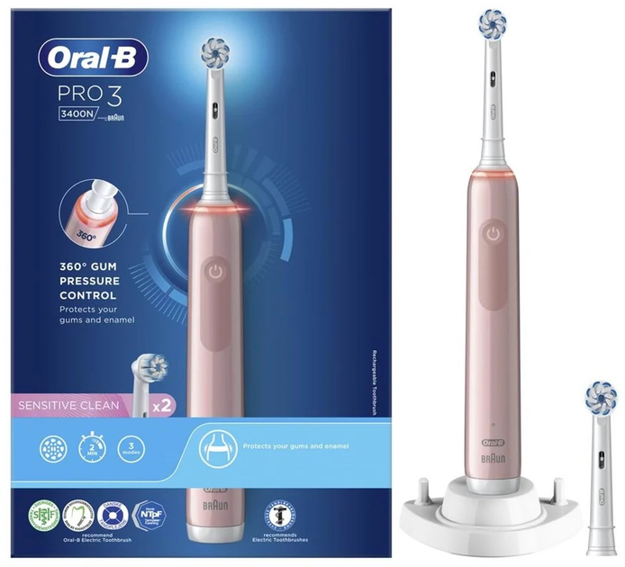 Електрична зубна щітка Oral-b Braun Pro3 3400N Sensetive Clean Рожева - зображення 1