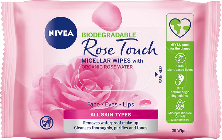 Міцелярні серветки Nivea Rose Touch Micellar Wipes біорозкладні з органічної рожевої води 25 шт (9005800340173) - зображення 1