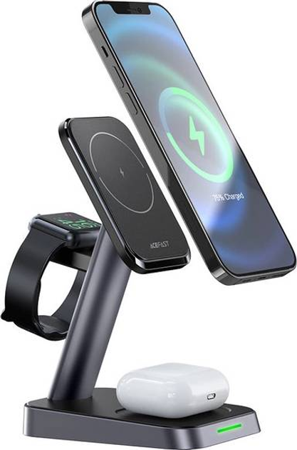 Бездротова зарядна станція Acefast Wireless Charger 15Вт для iPhone, Apple Watch and Apple AirPods Black (6974316280903) - зображення 1