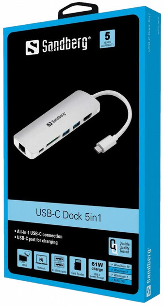 USB hub Sandberg USB Type-C do HDMI/LAN/SD/USB Type-A 5-portowy Srebrny (57057301361840 - obraz 2