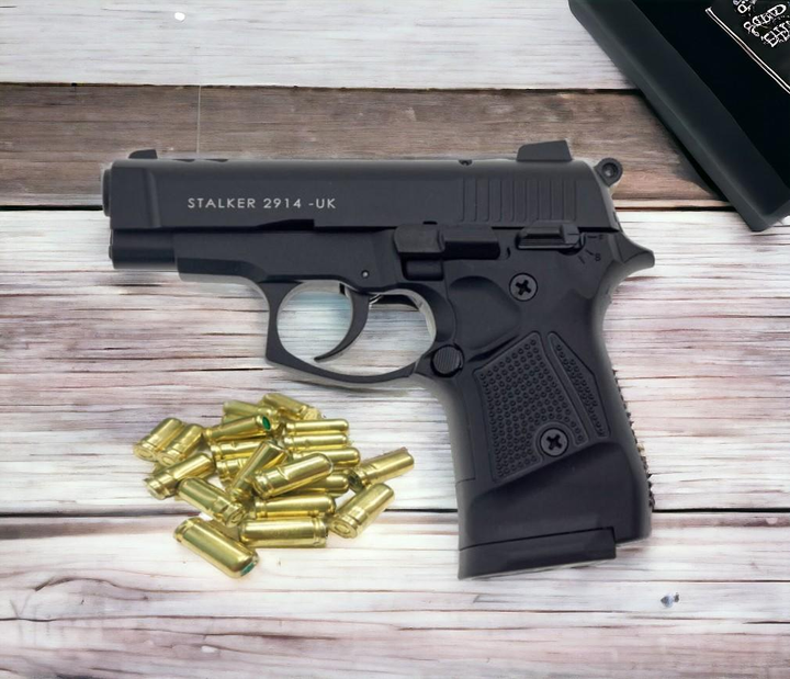 Стартовый шумовой пистолет Stalker 2914 UK Black +20 шт холостых патронов (9 мм) - изображение 1