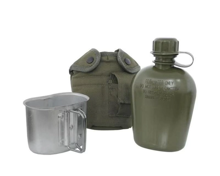Тактическая пластиковая фляга с чехлом и чашкой 0,9л, Mil-Tec US, олива - изображение 1