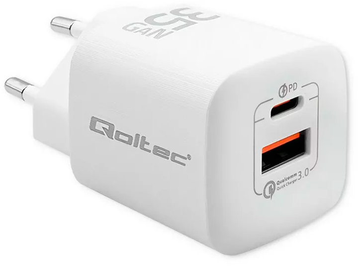 Зарядний пристрій Qoltec GaN Ultra 35W 5-20V USB type C PD QC 3.0 White - зображення 1