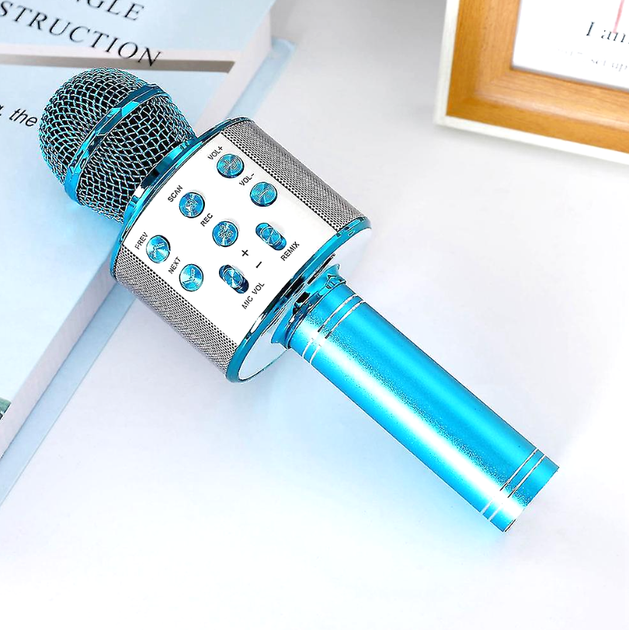 Детский Bluetooth караоке микрофон Wster WS-858 и портативная MP3 колонка 2в1, ручной микрофон Blue - изображение 2