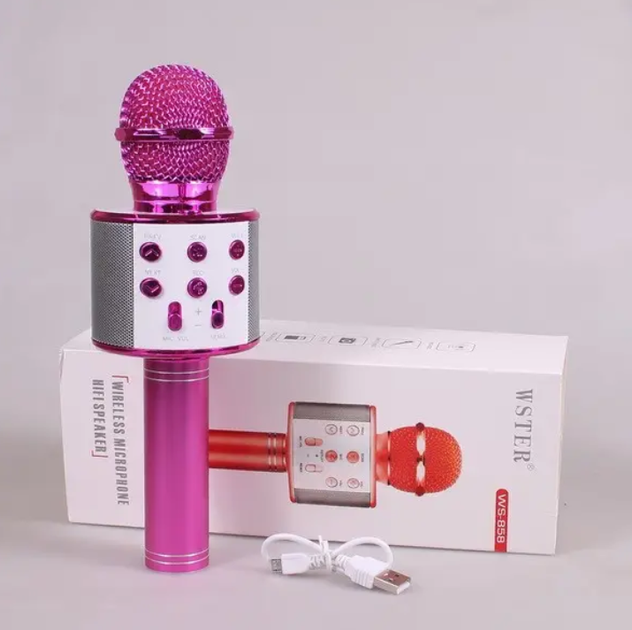 Детский Bluetooth караоке микрофон Wster WS-858 и портативная MP3 колонка 2в1, ручной микрофон Pink - изображение 2
