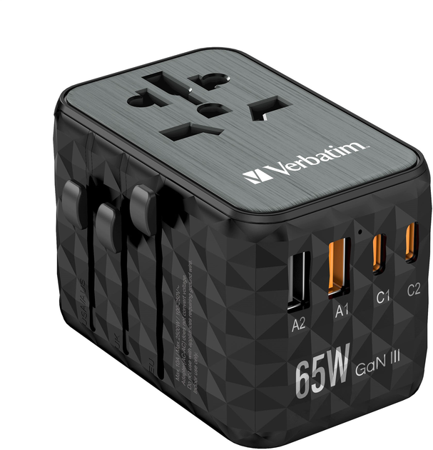 Ładowarka sieciowa Verbatim USB A + USB C + Travel Adapter 65W Black (VWCGAN65) - obraz 3