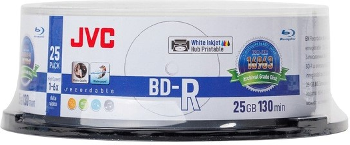 Диски JVC BD-R 25GB 6X Inkjet White Printable Archival Waterproof Photo Glossy Cake 25 шт (JVBDR25WAP) - зображення 1