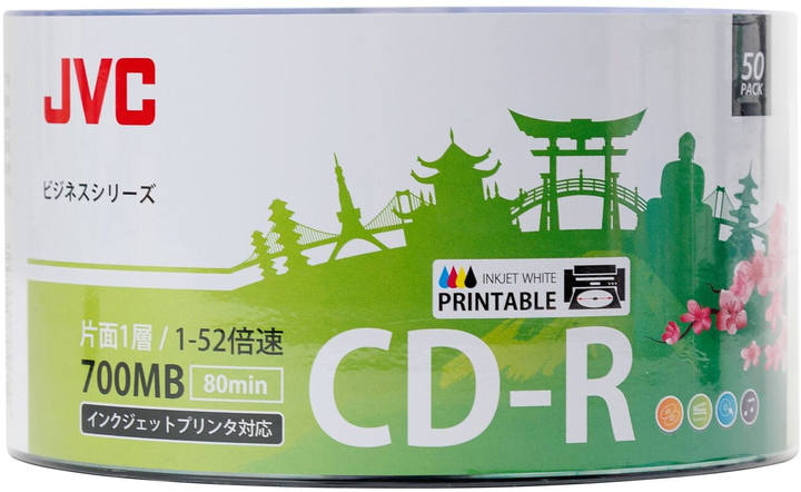 Dyski JVC CD-R 700MB 52X Inkjet White Printable Waterproof Photo Gloosy Cake 50 szt (JVC50CPW) - obraz 1