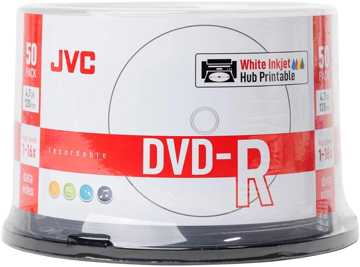 Диски JVC DVD-R 4.7GB 16X Inkjet White Printable Cake 50 шт (JVD50CP) - зображення 1