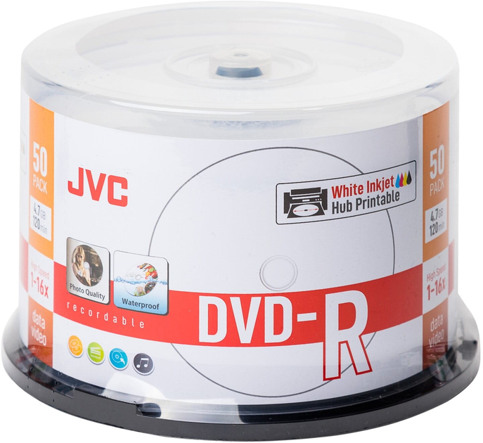 Диски JVC DVD-R 4.7GB 16X Inkjet White Printable Waterproof Photo Gloosy Cake 50 шт (JVD50CPW) - зображення 2