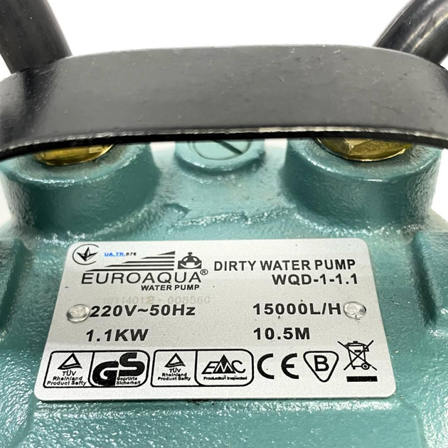 Фекальний насос Euroaqua 1.1 кВт (шланг, трос, хомути, зажим) - зображення 4