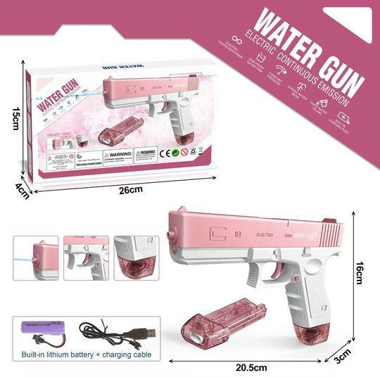 Водяной пистолет электрический на аккумуляторе Water Gun Glock с 2 обоймами для воды, зарядка USB, розовой - Фото 7 Водяной пистолет электрический на аккумуляторе Water Gun Glock с 2 обоймами для воды, зарядка USB, розовой - изображение 7