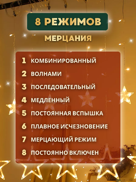 Гирлянда новогодняя Штора Звезда 2.5м с пультом тёплый Белый - Фото 2 Гирлянда новогодняя Штора Звезда 2.5м с пультом тёплый Белый - изображение 2