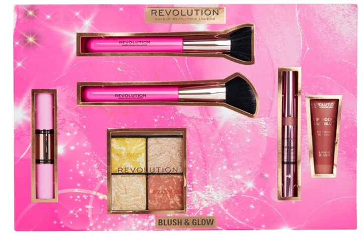 Zestaw kosmetyków dekoracyjnych Revolution Make Up Blush & Glow Rozświetlacz Róż w sztyfcie 2 x 4.3 g + Rozświetlacz w płynie 3 ml + Paleta do konturowania 9.6 g + Róż w płynie 15 ml + Pędzel do makijażu 2 szt (5057566769242 - obraz 1