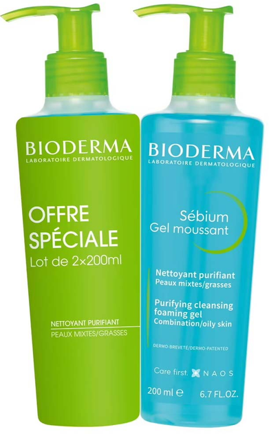 Гель для обличчя Bioderma Sebium Purifying Cleansing Foaming Gel для комбінованої та жирної шкіри 2 x 200 мл (3401526010868) - зображення 1