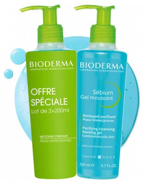 Гель для обличчя Bioderma Sebium Purifying Cleansing Foaming Gel для комбінованої та жирної шкіри 2 x 200 мл (3401526010868) - зображення 2