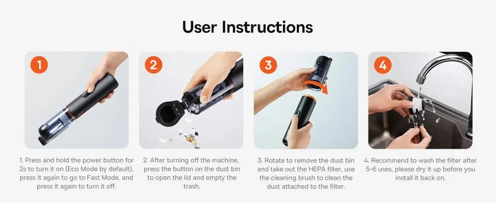 Портативный аккумуляторный пылесос Baseus A5 Car Vacuum Cleaner 130W 16000Pa 7500mAh черный (C30459500111-00) - изображение 7