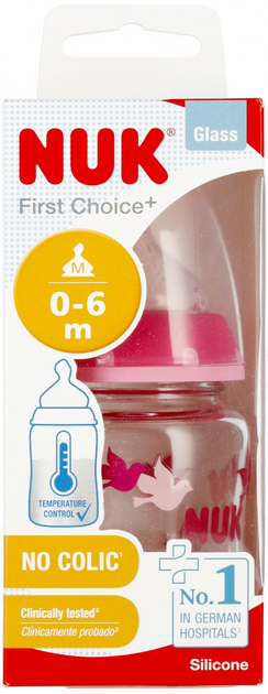 Скляна пляшечка для годування Nuk First Choice з індикатором температури Рожева 120 мл (4008600441465) - зображення 1