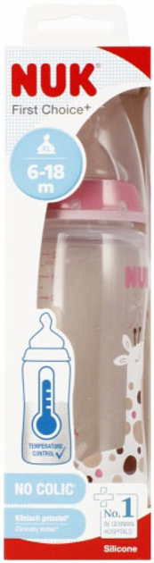 Butelka do karmienia Nuk First Choice Giraffe ze wskaźnikiem temperatury Różowa 300 ml (4008600439912) - obraz 1