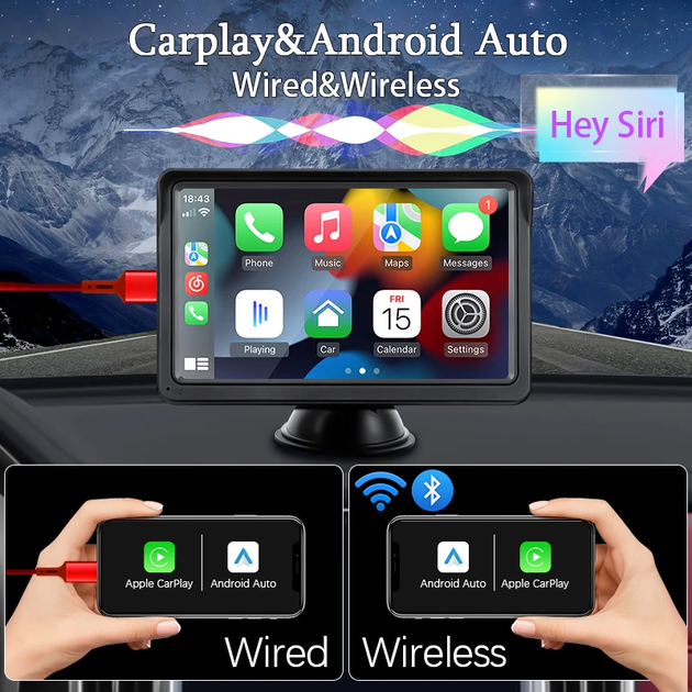 РК Монітор 7" в машину з Android Auto, CarPlay для камери заднього виду B600W - в прикурювач на торпеду - зображення 3
