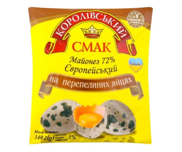 Майонез 72% Європейський на перепелиних яйцях філ/пак Королівський смак 340 г - Фото 1 Майонез 72% Європейський на перепелиних яйцях філ/пак Королівський смак 340 г - зображення 1
