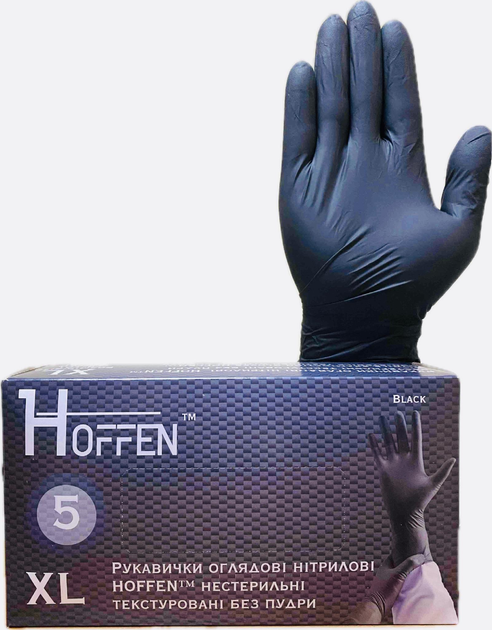 Рукавички нітрилові текстуровані, неопудрені, Чорні (5 г) міцні (100 шт/уп) HOFFEN XL - изображение 1