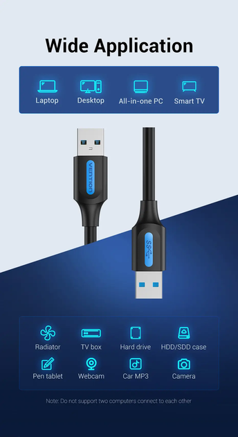 Кабель Vention USB Type A 3.0 to USB Type A 3.0 5 Гбіт/с 2A/5V 1.5 м Black (CONBG) - Фото 2 Кабель Vention USB Type A 3.0 to USB Type A 3.0 5 Гбіт/с 2A/5V 1.5 м Black (CONBG) - зображення 2