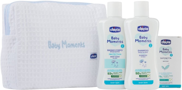 Набір Chicco Baby Moments Blue Шампунь 200 мл + Гель для купання 200 мл  + Мило 100 г + Косметичка (8058664138814) - зображення 1