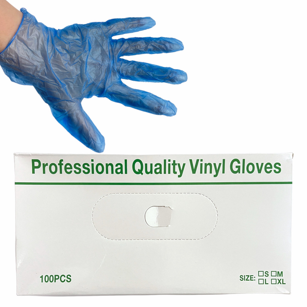 Одноразовые голубые опудренные виниловые перчатки Professional Quality Vinil Gloves, 100шт./уп. (Размер - L) - изображение 1