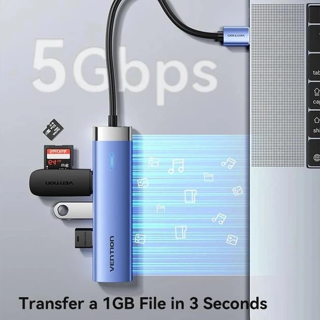 Адаптер USB хаб 3x USB 3.0 5 Гбіт/с + RJ45 1 Gigabit LAN Ethernet Adapter 1000mb/s + type-C додаткове живлення для MacBook, iMac, iPad, Chromebook, Samsung, Xiaomi та ін. USB-A концентратор, док-станція HUB Vention metall - зображення 3
