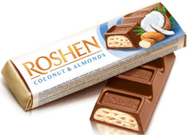 Упаковка батончиків Roshen молочно-шоколадний з кокосом та мигдалем 38 ...