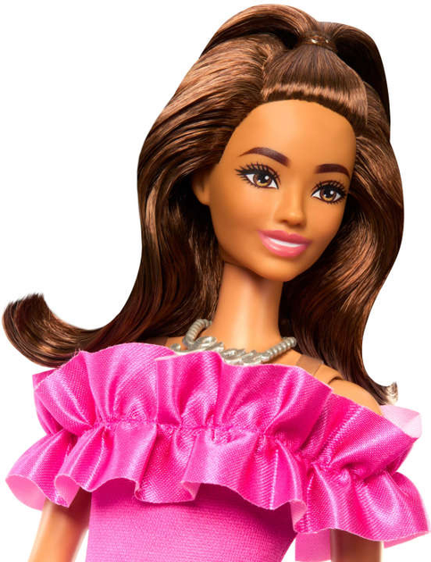 Lalka Mattel Barbie Fashionistas Doll nr 217 Z częściowo upiętymi brązowymi, falowanymi włosami w różowej sukience, 65. rocznica (HRH15) - obraz 3