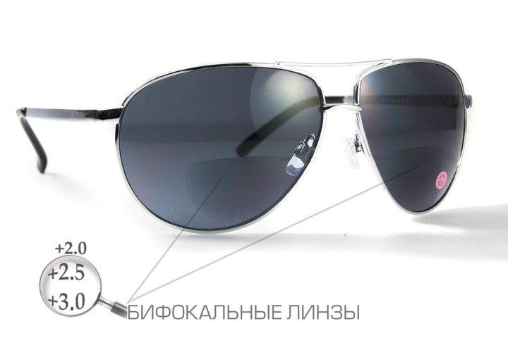 Окуляри біфокальні (захисні) Global Vision Aviator Bifocal (+2.0) (gray), чорні біфокальні лінзи в металевій оправі - зображення 1