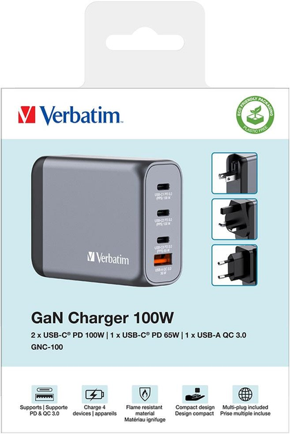 Мережевий зарядний пристрій Verbatim GaN GNC-100 100W Silver - зображення 5