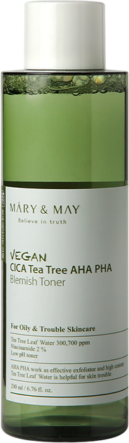 Веганский тонер для лица Mary&May Vegan Cica Tea Tree Aha Pha Blemish Toner с кислотами и экстрактами центлеллы и чайного дерева 200 мл (8809670681685) - Фото 1 Веганский тонер для лица Mary&May Vegan Cica Tea Tree Aha Pha Blemish Toner с кислотами и экстрактами центлеллы и чайного дерева 200 мл (8809670681685) - изображение 1