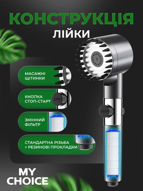 Массажная лейка для душа водосберегающая высокое давление 3 режима, кнопка стоп - изображение 3