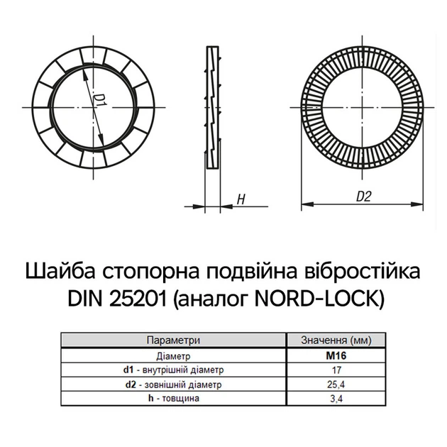 Шайба стопорная вибростойкая М16 DIN25201 внешний ⌀25,4мм толщина 3,4мм сталь Delta-MKS (10шт.) [7XNL0007XNL01625D0] Metalvis - изображение 2