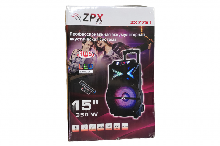 Портативная аккумуляторная акустическая Bluetooth система ZPX Мощность 350 Вт с радиомикрофоном черные (ZPX-7781) - изображение 2