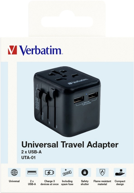 Ładowarka sieciowa Verbatim Travel Adapter 12W 2 x USB-A UTA-1 Black (23942495437) - obraz 10