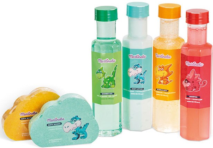 Zestaw kosmetyków dla dzieci Martinelia Little Dinosaur Żel pod prysznic 250 ml + Szampon 250 ml + Lotion do ciała 250 ml + Gąbka do kąpieli x 2 + Pianka do kąpieli 250 ml (8436609392123) - obraz 2