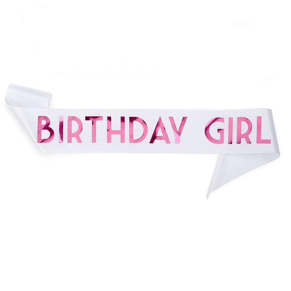 Атласна стрічка через плече на день народження "Birthday Girl" white & pink (02184) - зображення 3