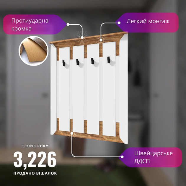 Вешалка настенная Эверест Нордик-900 90х6х110 см Белый + Дуб крафт золотой (EVR-5517) - изображение 2
